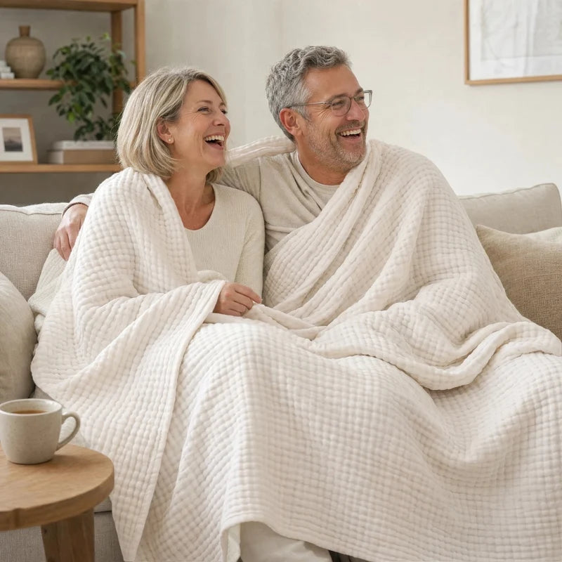 Couple wrapped in the Koforto Muslin Blanket in navy and sand