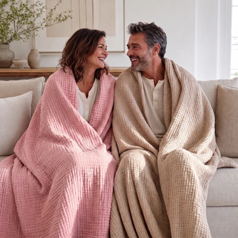 Couple laughing together under the Koforto Muslin Blanket in navy